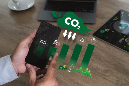 The company strategy focuses on sustainable development, with innovations in renewable energy, carbon reduction, and eco-friendly technology to protect the environment and society.の写真素材
