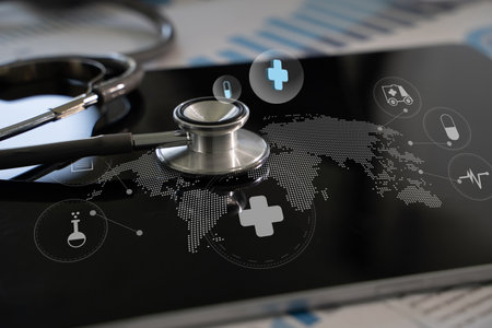 Medical insurance business doctor analyzing medical report Health Futuristic health care technology enhances medical diagnosisの写真素材