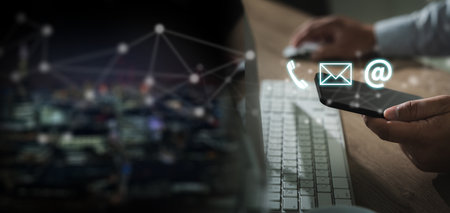 CONTACT US man searching web, browsing get in touch via mobile, email, or chat. Our smart support agent is ready to help with any tech or web issue!の写真素材