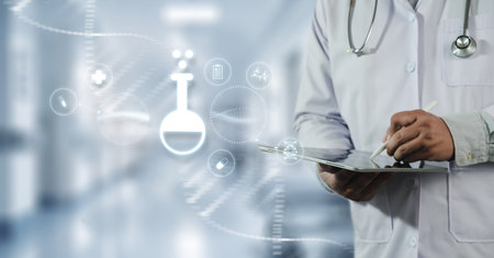 Cutting-edge medical technology concept. Futuristic digital interface with healthcare icons, data,...