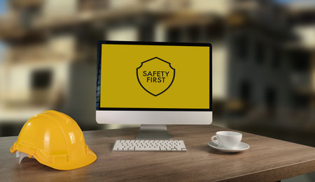 A workplace safety construction site workstation with safety helmet, computer monitor displaying safety message, and coffee cup, emphasizingの写真素材
