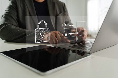 A cybersecurity data privacy business person entering login details digital interface with security icons, emphasizing online security and dataの写真素材
