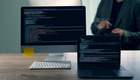 A programming code on representing close up of computer monitor and laptop displaying code, with person background using tablet, modern workspaceの写真素材