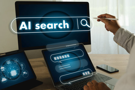 An ai search chat digital marketing image shows person using digital pen to interact with computer screen displaying words ai search and search iconsの写真素材