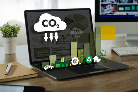 A business sustainability image shows laptop desk displaying environmental and sustainability icons related to carbon dioxide reductionの写真素材