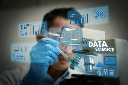 A data science scientist working with data analysis and research laboratory setting, using microscope and digital data visualization, conveyingの写真素材