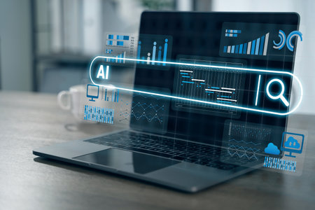 A business intelligence digital data analysis and artificial intelligence concept with futuristic holographic interface laptop screen, showingの写真素材