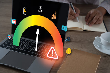 A testing of qa testing laptop with digital gauge showing warning alert and growth icons, placed...