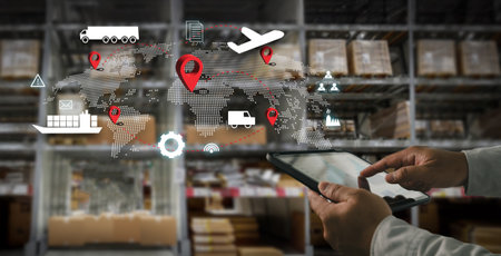 IoT smart logistics concept with a person using a tablet to track global shipping routes and supply chain data, integrating trucks, ships, and planes for efficient, connected, and real-time delivery management.の写真素材