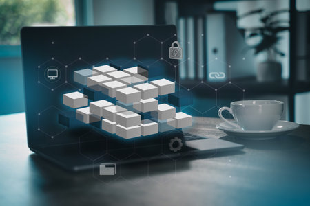 Blockchain technology concept with digital cubes and cybersecurity icons on laptop screen,...