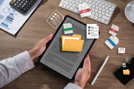 man manage digital documents spreadsheet Data Information file copies and optimize workflow Backup online document filesの写真素材