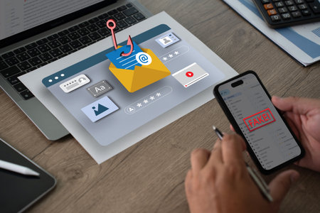 phishing email Email attachment warning man using his laptop to email scam and phishingの写真素材