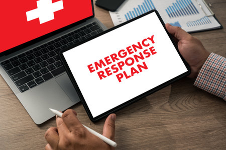 Emergency response plan activating emergency representing crisis management digital interface displaying emergency planの写真素材