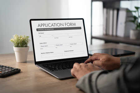 man working on laptop Online application form hiring employment searching job on website recruitment...