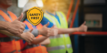 Safety First concept construction warehouse crew thumbs up, emphasizing PPE, compliance training,...