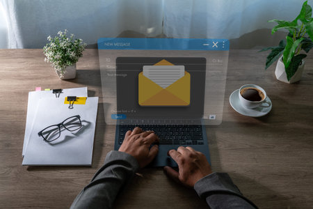 Inbox organization workflow concept with email compose on laptop, professional manages mail...