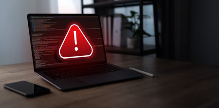 Cybersecurity warning alert concept showing system risk and code Cyber attack interface on laptop...
