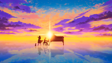 Fantasy scenery silhouette of a couple and pet at the tropical sea with a sunset. They play music with piano and violin and float on surface water, digital art style, fine art illustration painting.の写真素材