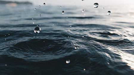 A stunning close-up image capturing raindrops splashing on a calm water surface, creating beautiful ripples and reflections that evoke a sense of serenity.の素材