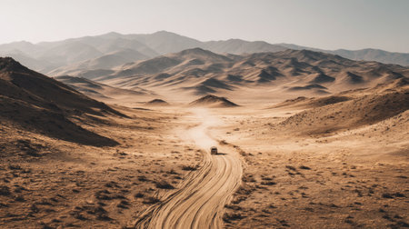 A breathtaking view of a vast desert landscape featuring an off-road vehicle traveling along a sandy path, surrounded by majestic mountains under a clear sky.の素材
