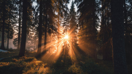 Beautiful sunlight filters through tall trees in a serene forest, creating a magical atmosphere during the golden hour, perfect for nature lovers.の素材