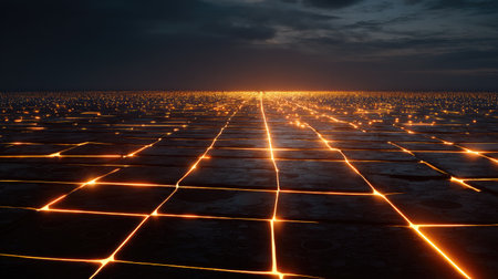 A captivating futuristic landscape featuring glowing grids that stretch towards the horizon, set against a dramatic sky at dusk, creating a mesmerizing visual appeal.の素材