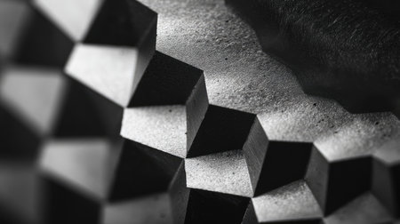 This striking close-up image features an abstract textured surface characterized by geometric shapes and dramatic contrasts of light and shadow, perfect for creative projects.の素材