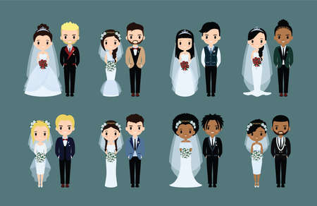 Cute flat wedding couple set illustration invitation collectionsのイラスト素材