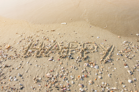 Draw a happy message on the beach full of beautiful shellsの写真素材