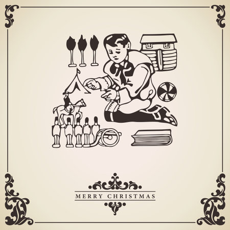 Christmas Card vector. Child playing with toys. Vintage decorative christmas card.のイラスト素材