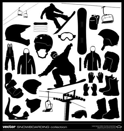 Snowboarding elements vector set. Winter sport silhouettes. Snowboard equipment background.のイラスト素材