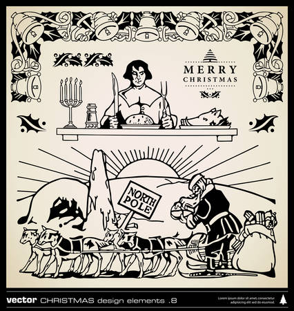 Christmas decoration collection vector. Set of vintage design elements. Calligraphic and typographic design with borders, labels, symbols and icons. Christmas retro ornaments background.のイラスト素材