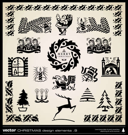 Christmas decoration collection vector. Set of vintage design elements. Calligraphic and typographic design with borders, labels, symbols and icons. Christmas retro ornaments background.のイラスト素材