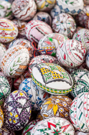 Decorated Easter eggs. Beautiful, colorful traditional Romanian handcrafted easter eggs. Folklore.の写真素材