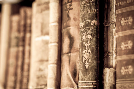 Books with leather covers in a row. Old manuscripts. Aged, used books.