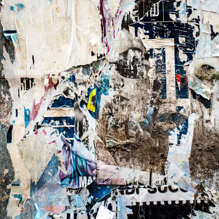 Old poster grunge texture background. Ripped poster. Torn vintage collage posters. Creased crumpled paper surface texture background.の写真素材