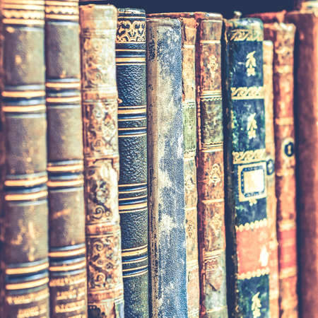 Collection of old, aged books in a row. Leather hardcover manuscripts.の写真素材