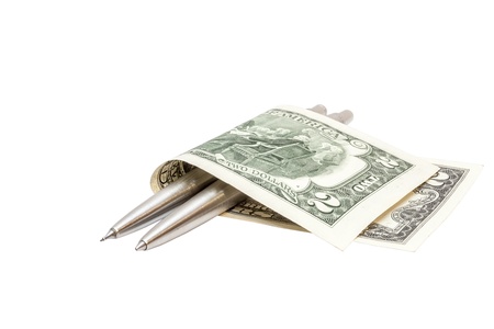 Isolated metallic pen and pencil enveloped in two dollars banknoteの写真素材