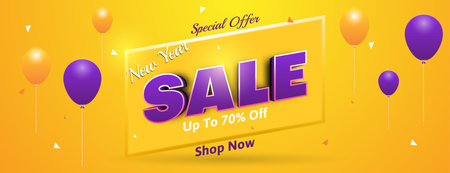 3D special offer new year sale banner background in orange and purple with realistic balloonsのイラスト素材