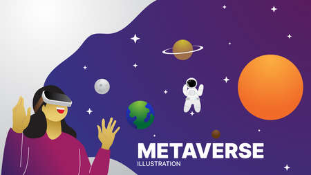 metaverse vector illustration.a woman uses a virtual reality device and is in space in the digital world.modern technology conceptのイラスト素材