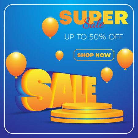 sale banner social media post template with realistic podium in orange and blue color. vector illustrationのイラスト素材