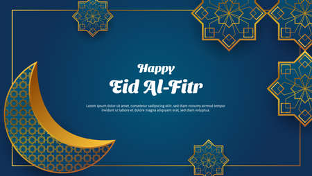 Happy Eid Al-Fitr background in blue and gold color. islamic vector illustrationのイラスト素材