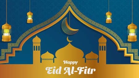 Happy eid al-fitr background in gold and blue color. islamic vector illustrationのイラスト素材