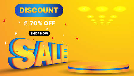sale banner or poster with realistic podium in orange and blue color. business vector illustrationのイラスト素材
