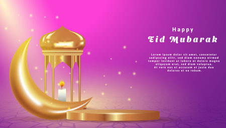 realistic eid mubarak background with light, golden podium ,moon, and lantern. islamic vector illustrationのイラスト素材