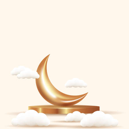 realistic crescent moon, podium. and cloud. islamic ornament vector illustrationのイラスト素材