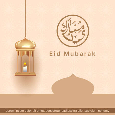 eid mubarak greeting card or social media post with realistic lantern. islamic vector illustrationのイラスト素材
