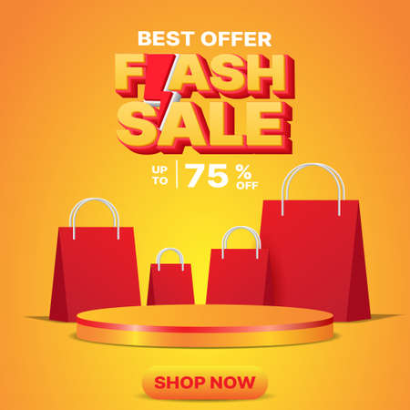 3d Flash sale banner design template with podium and shopping bagのイラスト素材