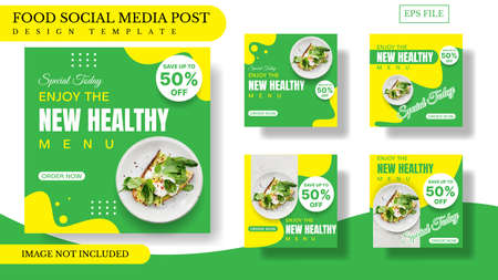 healthy food social media post template design in green and yellow color. vector illustrationのイラスト素材