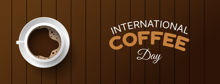 international coffee day banner design with wooden background. vector illustrationのイラスト素材